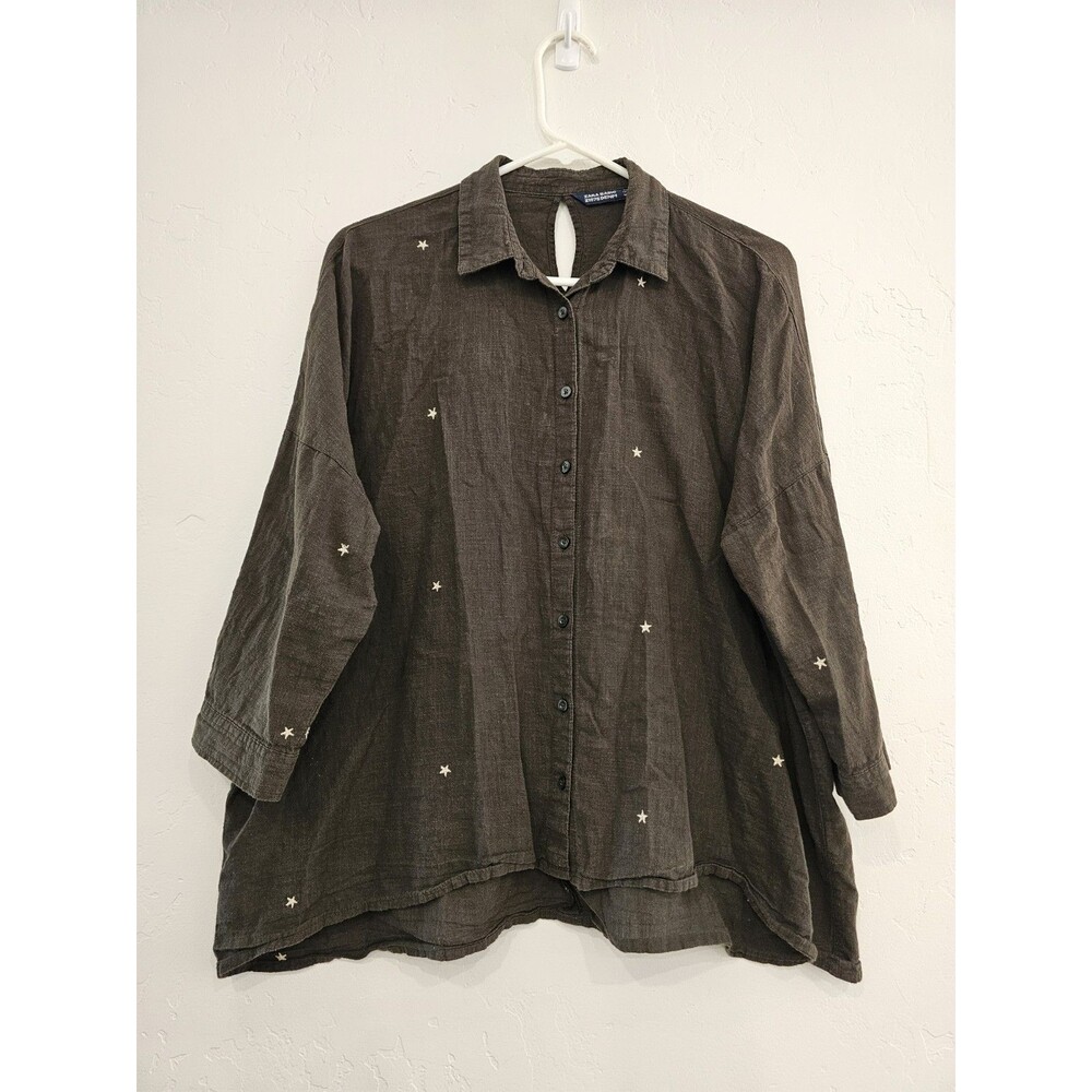Zara Basic Z1975 Demin Women's M Green Stars All Over Roll Tab Sleeve Button Up